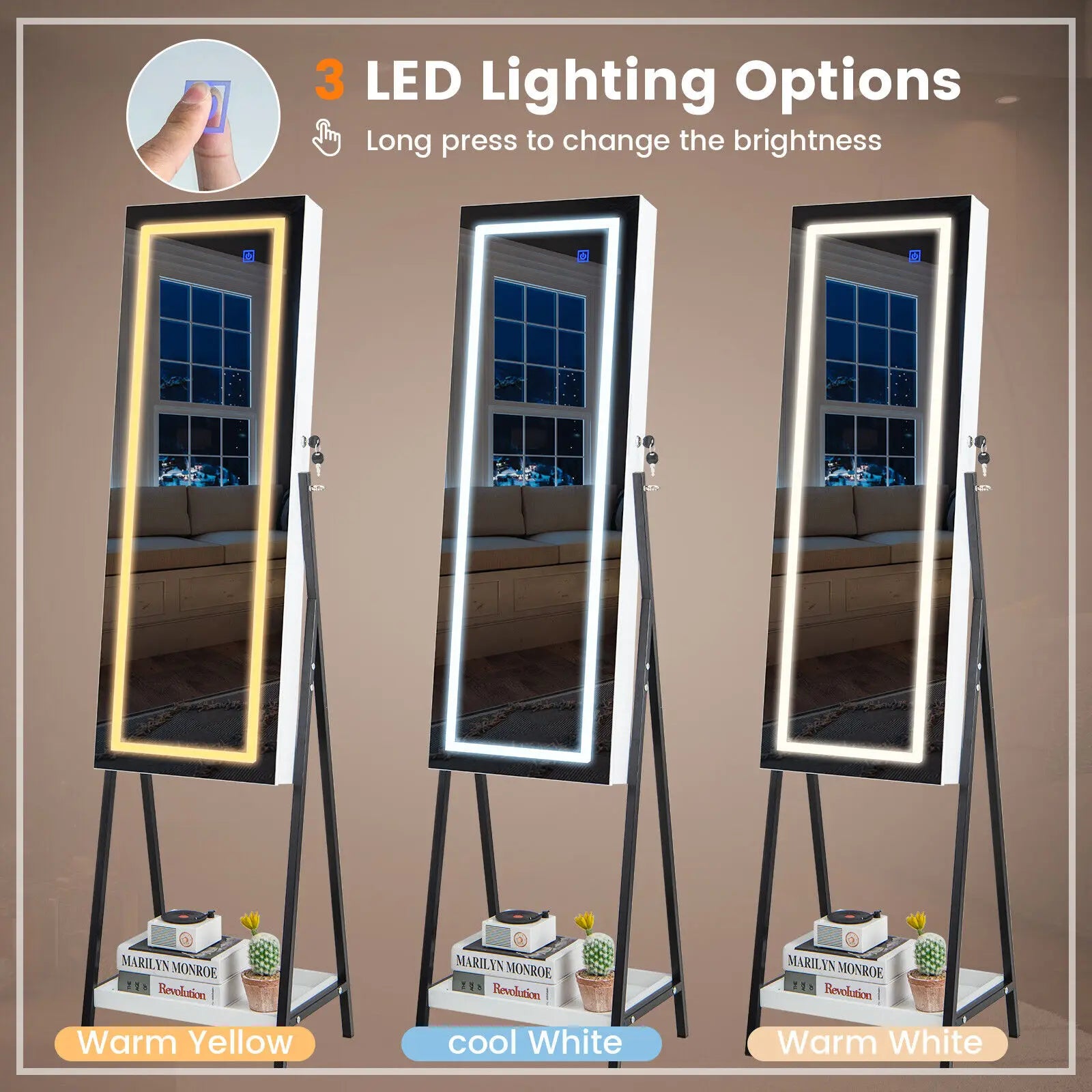 LED Jewellery Mirror Cabinet with Lockable Armoire - White
