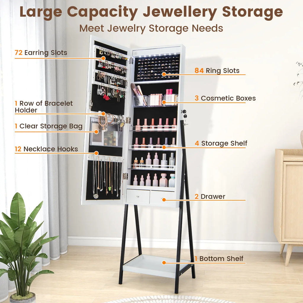 LED Jewellery Mirror Cabinet with Lockable Armoire - White