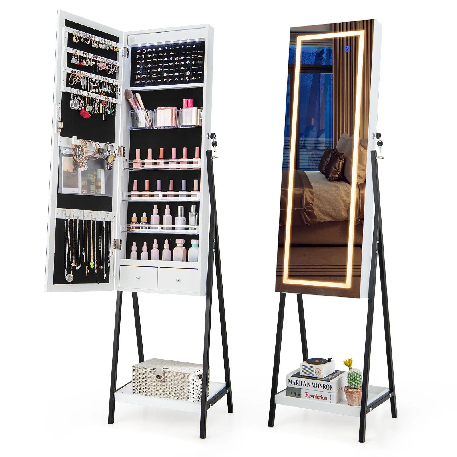 LED Jewellery Mirror Cabinet with Lockable Armoire - White