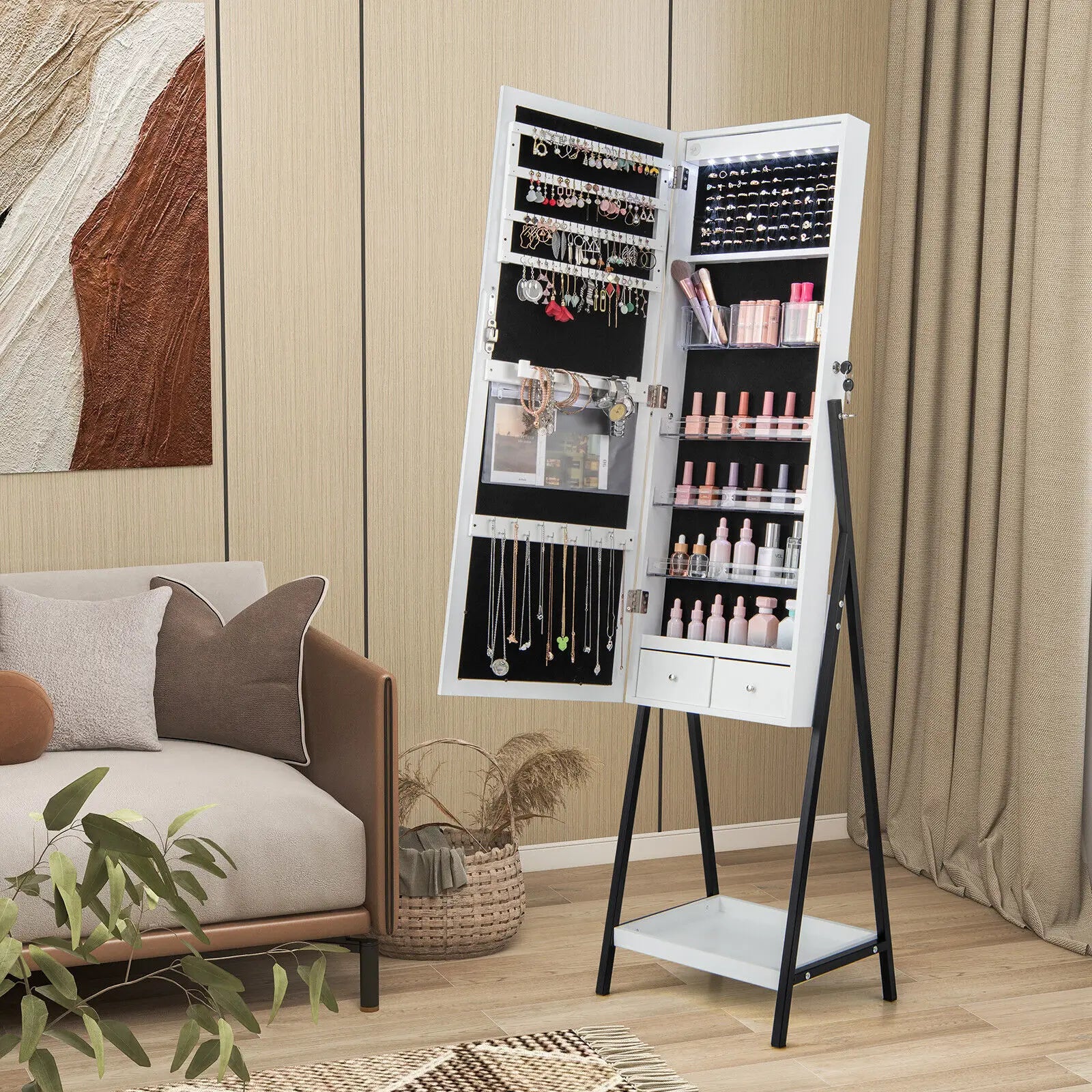 LED Jewellery Mirror Cabinet with Lockable Armoire - White
