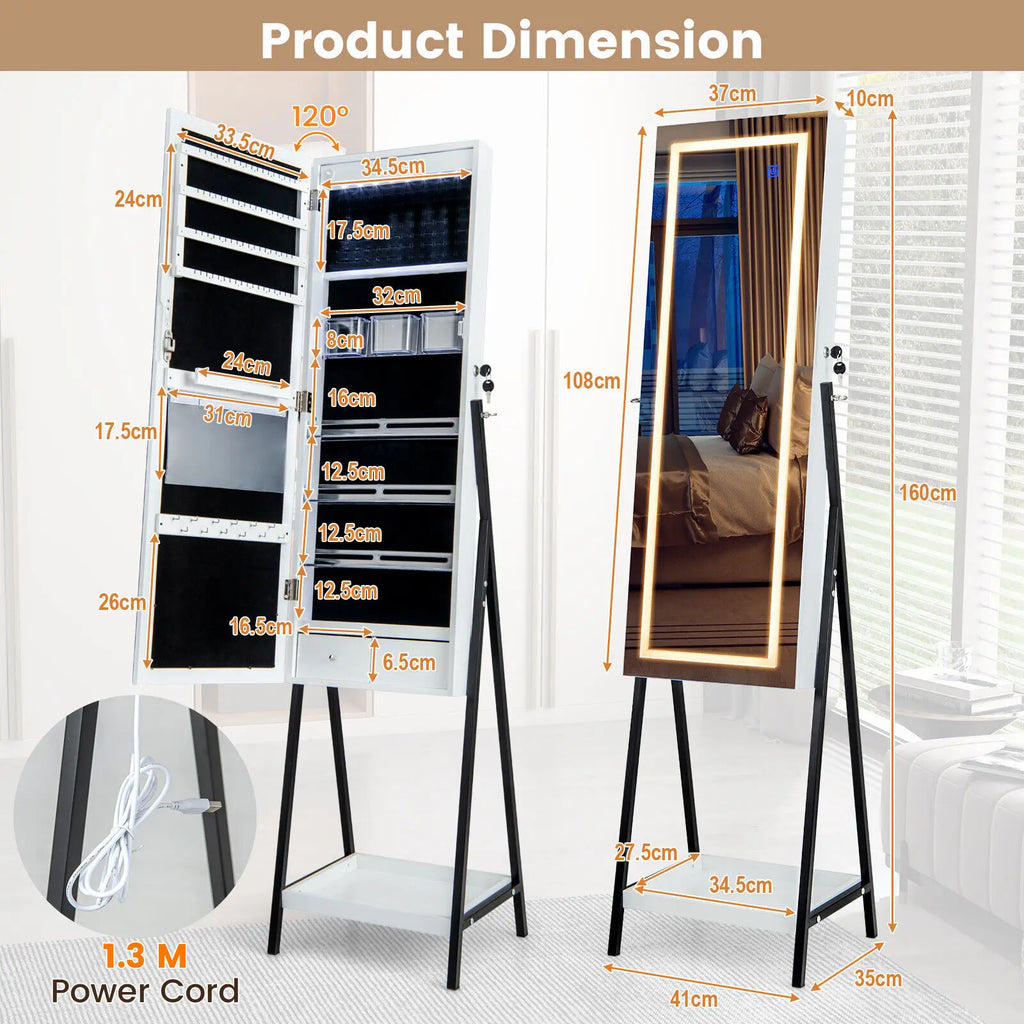 LED Jewellery Mirror Cabinet with Lockable Armoire - White
