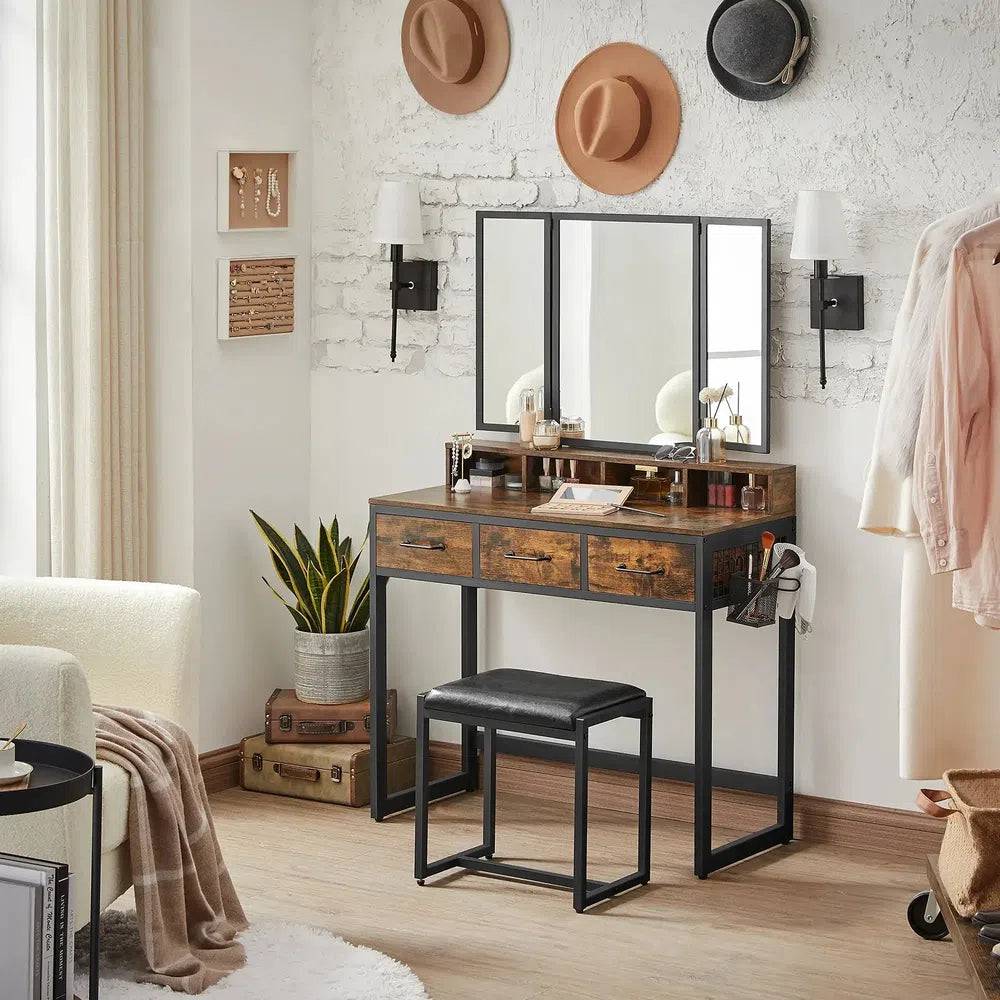 Minimalist Modern Dressing Table with Tri-Fold Mirror, Stool and Storage Drawers