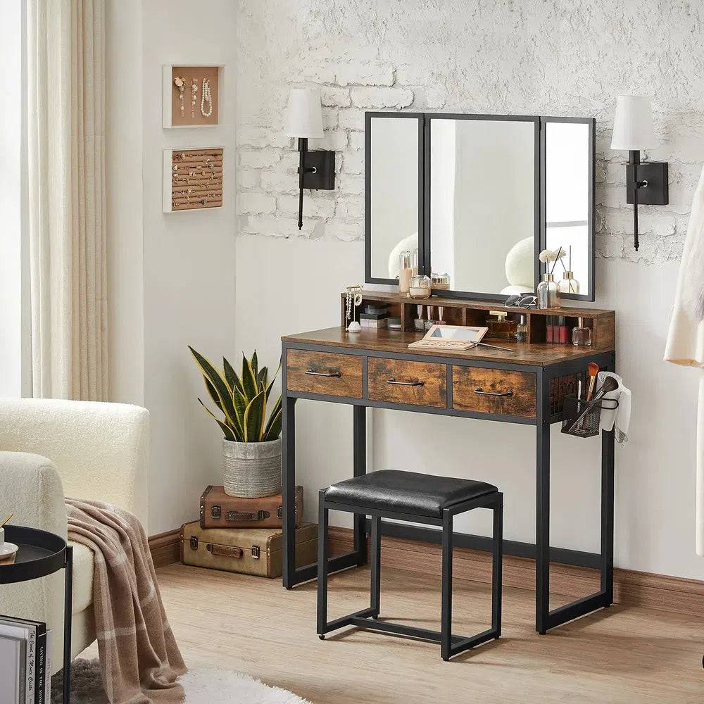 Minimalist Modern Dressing Table with Tri-Fold Mirror, Stool and Storage Drawers