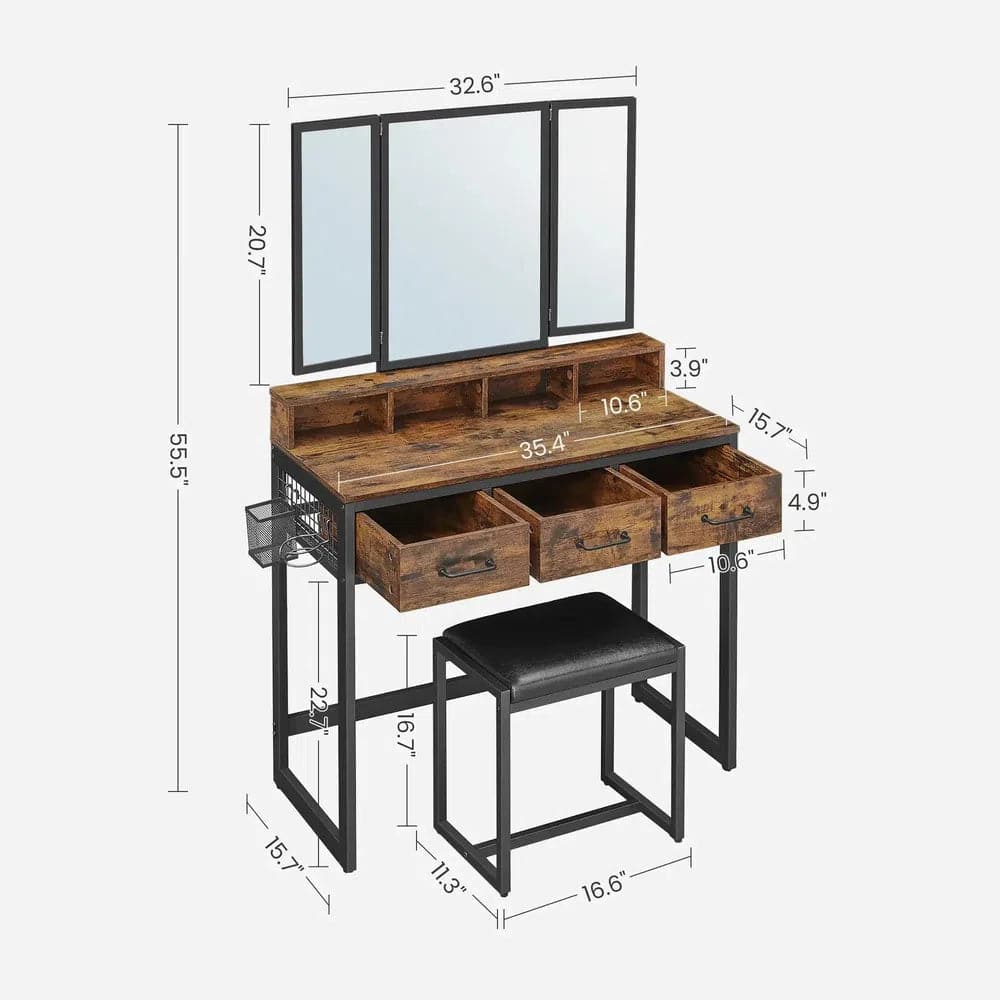 Minimalist Modern Dressing Table with Tri-Fold Mirror, Stool and Storage Drawers