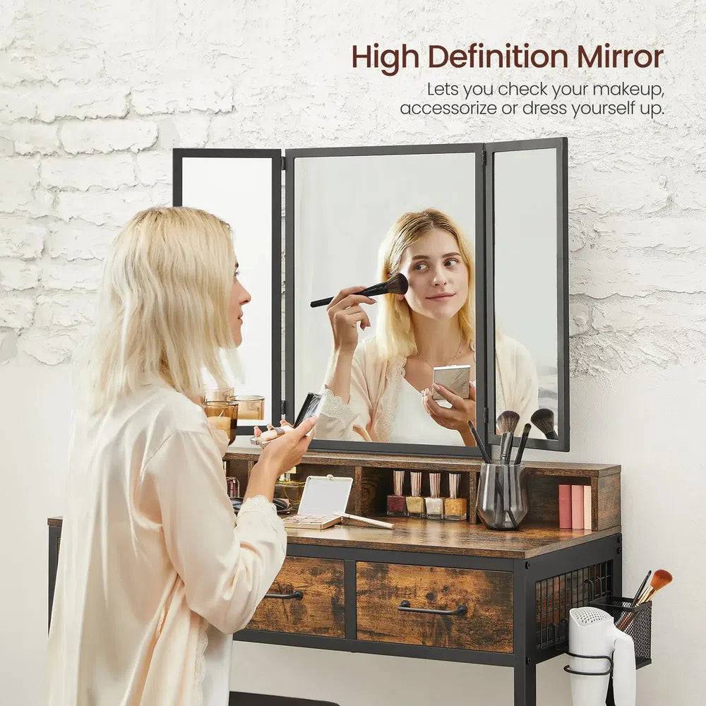Minimalist Modern Dressing Table with Tri-Fold Mirror, Stool and Storage Drawers