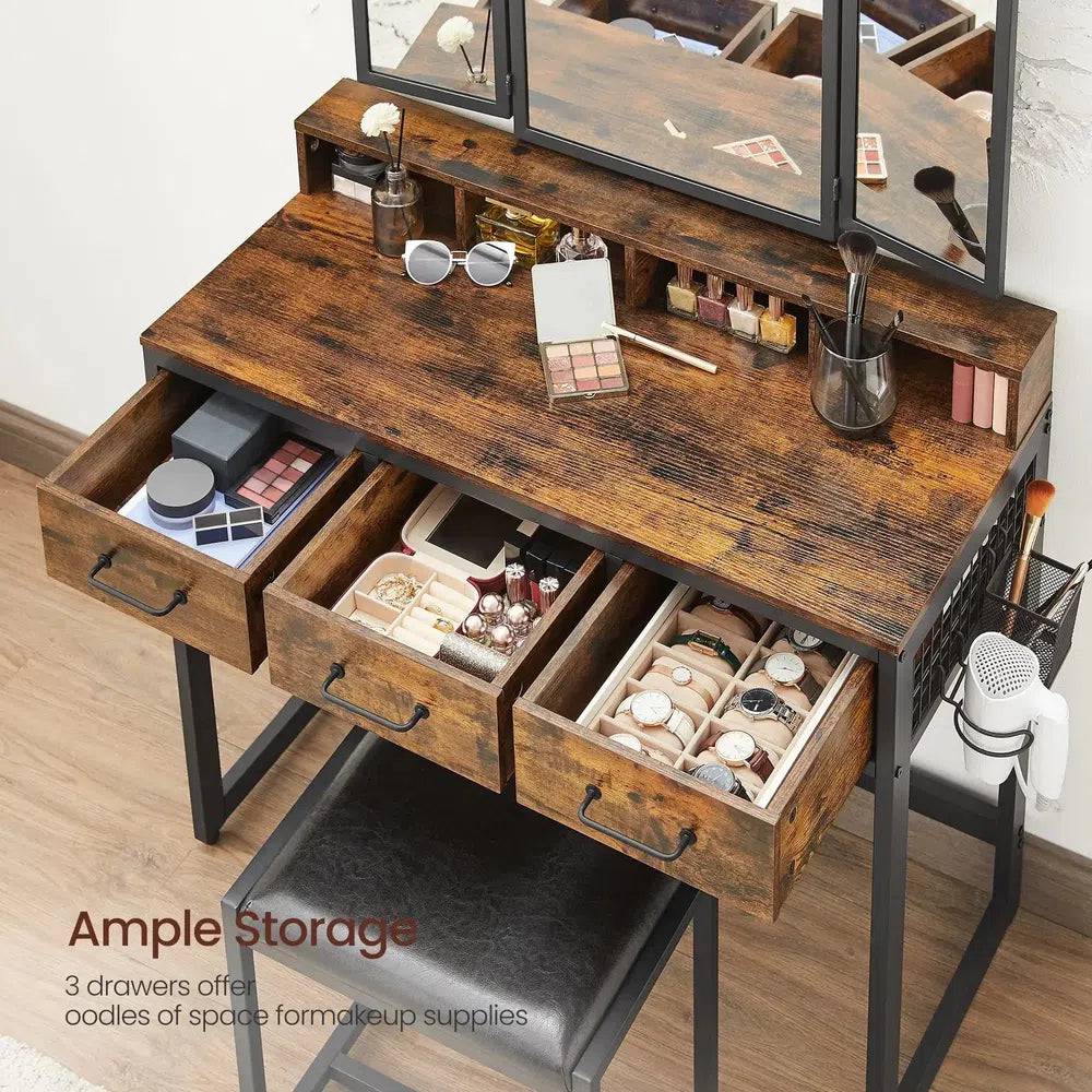 Minimalist Modern Dressing Table with Tri-Fold Mirror, Stool and Storage Drawers