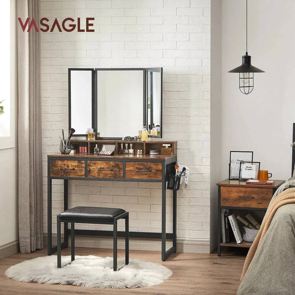 Minimalist Modern Dressing Table with Tri-Fold Mirror, Stool and Storage Drawers